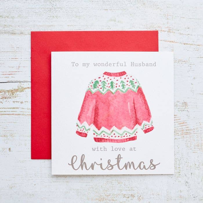 Langs - Wholesale Christmas Card - Xmas Husband Card White With Red & Green Jumper
