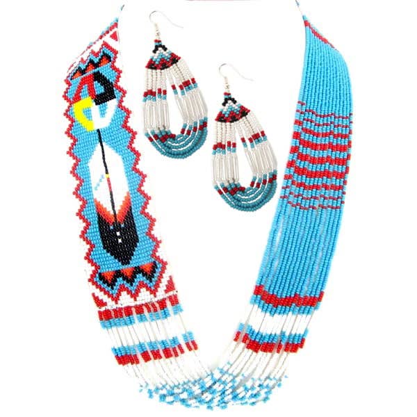 BEADS CORNER - Wholesale Beaded/Pearl Necklace - Handmade Beaded Feather Design Layered Necklace Earrings Set in Cyan Blue, White, Red, Black, Yellow0