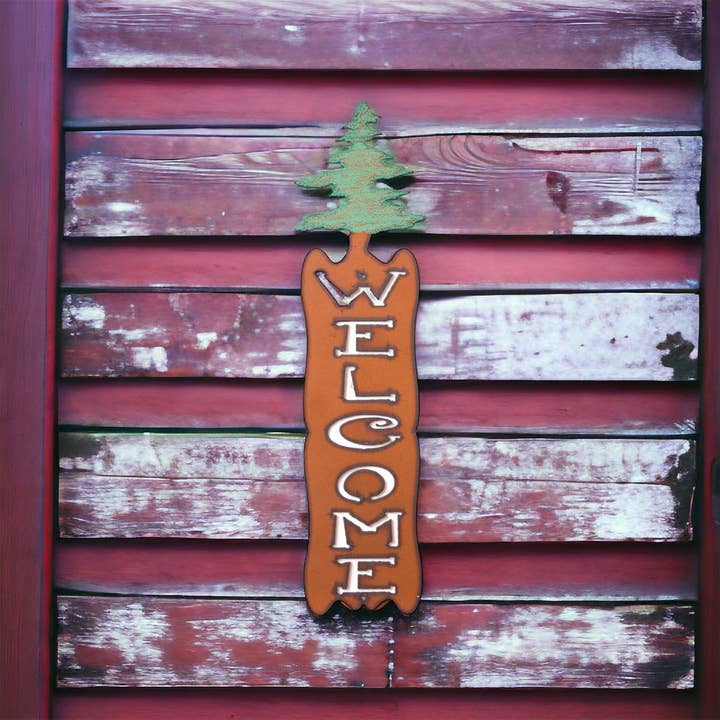 Tree Welcome Sign Rustic metal USA outdoor sign garden lodge for wholesale by Whimsies