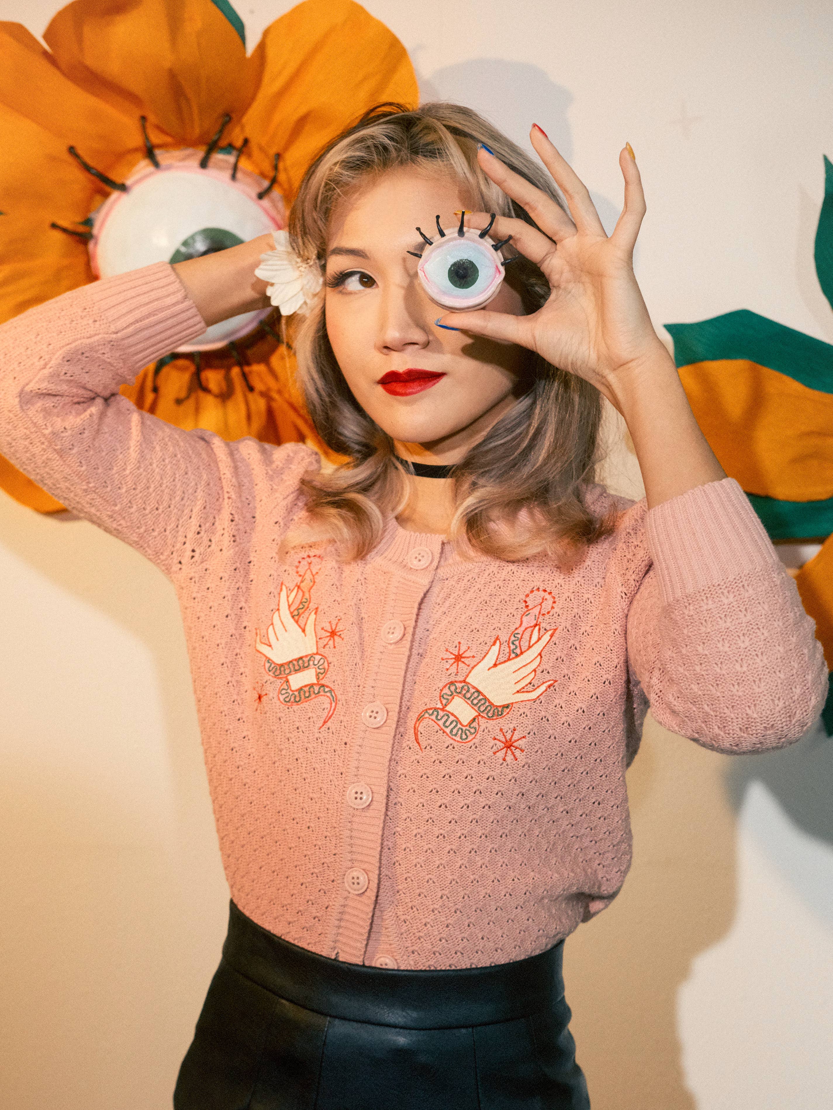 Mischief Made - Vente Cardigan – femme - Cardigan court Snake Wrangler beige pêche5