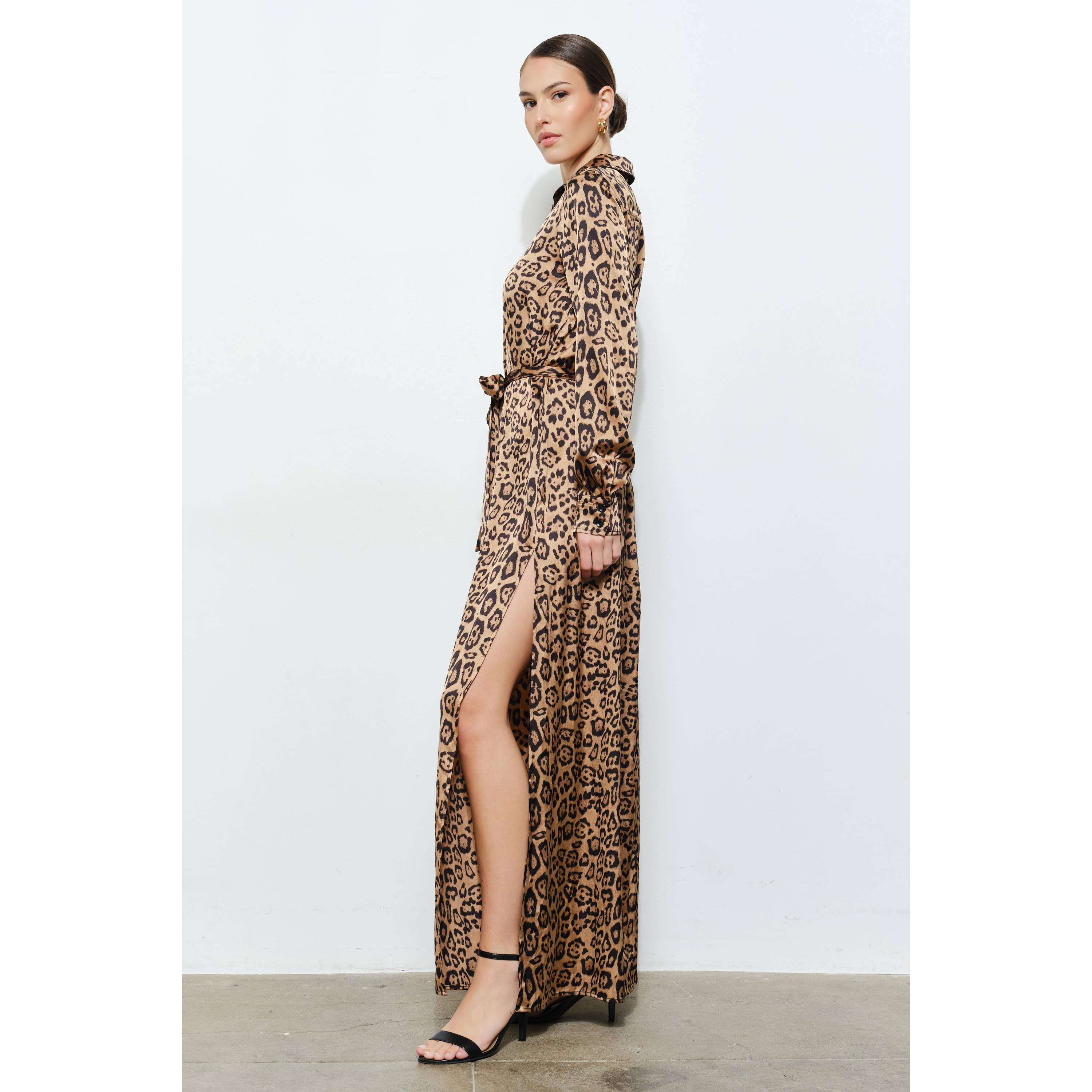 Chic Leopard Print Satin Waist Tie Slit Maxi Dress for wholesale on Faire2