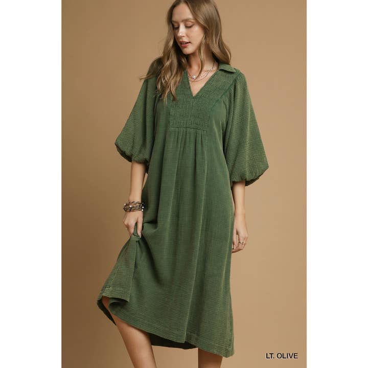 NY Smockad Mineral Tvättad Midiklänning för wholesale av STYLE USA