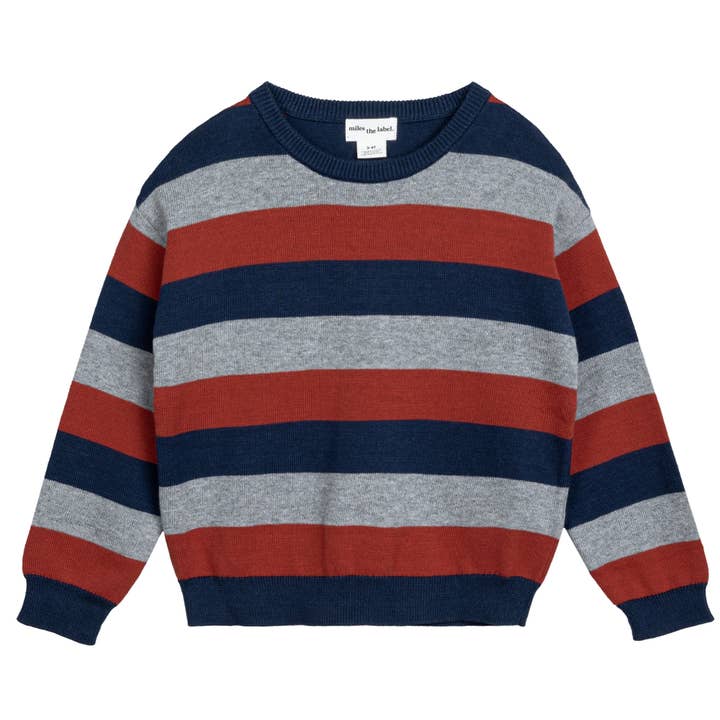 Mursten, marineblå og lynggrå stribet sweater for engroshandel hos Miles the Label