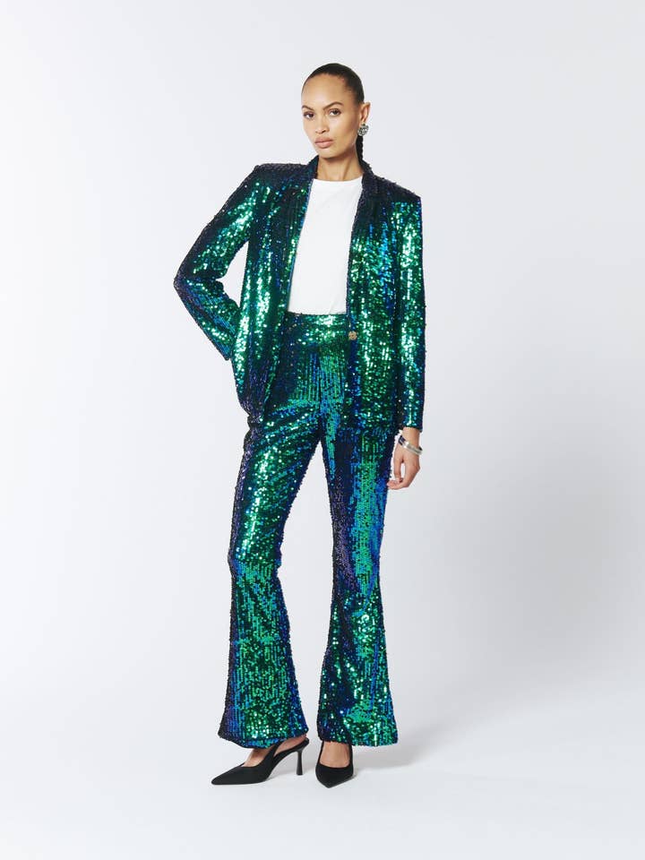 Iridescente Paillettenblazer in Groene Pauw voor wholesale door SOUR FIGS LONDON