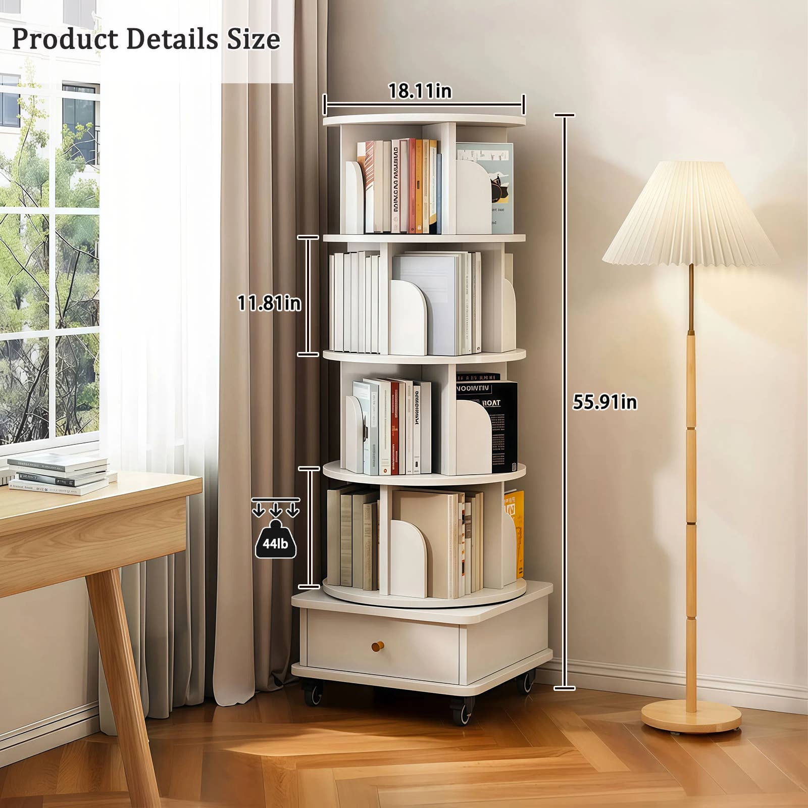 39F Inc. - Wholesale Bookcase - 5/6-Tier 360° Rotating Bookshelf with Drawer, White/Wood18