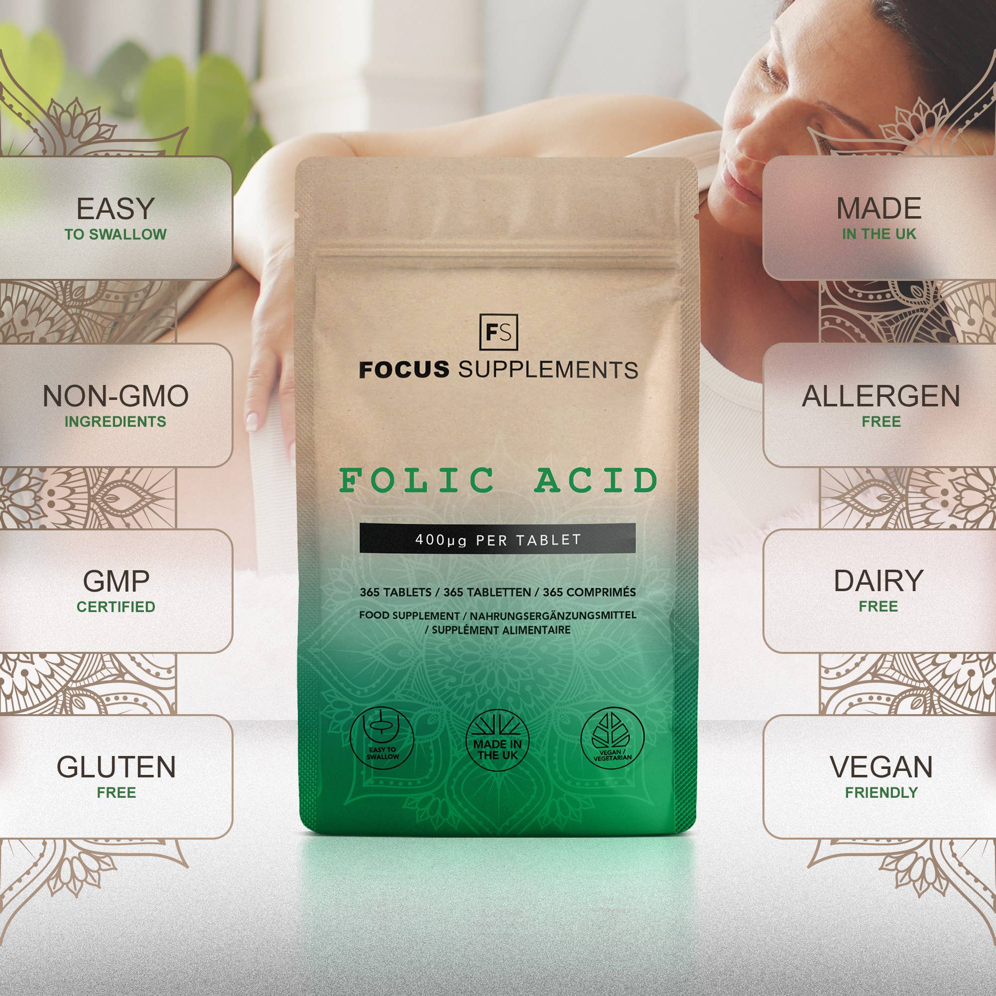 Focus Supplements - Vente Supplément oral/vitamine - Acide folique (400 µg) 365 comprimés3