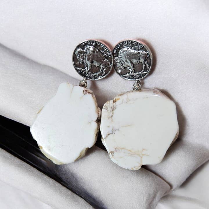 White Howlite Rock Slab With Buffalo Nickel Coin Fashion Earrings for wholesale on Faire