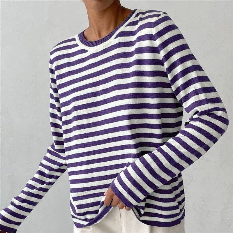 UZ Wholesale Store - Wholesale Knit Sweater - Women's - Striped Knit Sweater with Round Neck and Contrast Color6