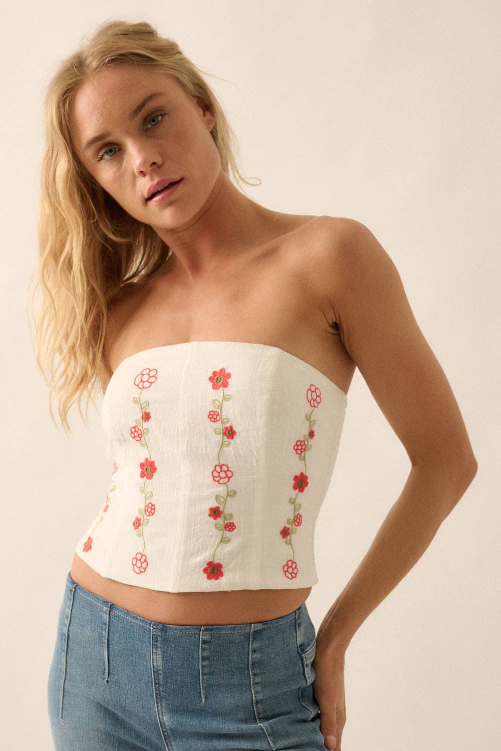 OFF WHITE Floral Embroidered Cotton Strapless Corset Top for wholesale on Faire4