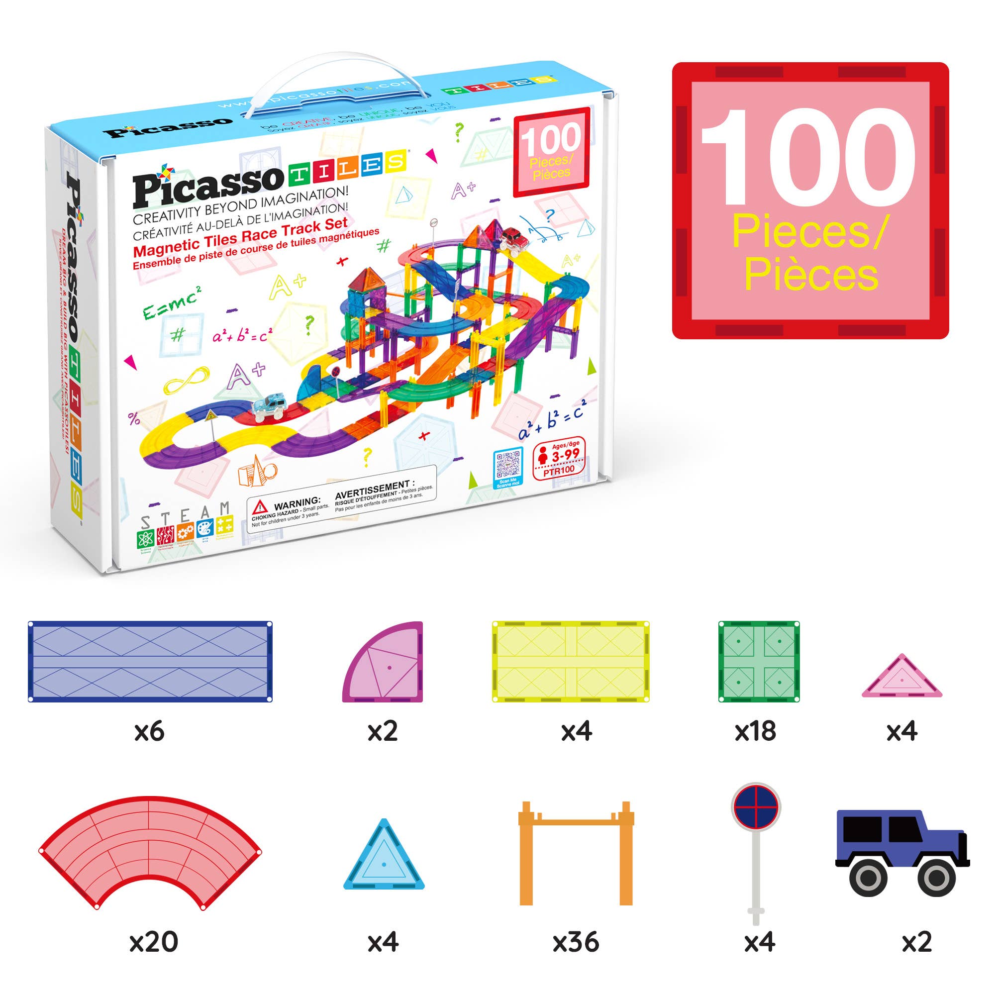PicassoTiles - Vente Lot de jouets – enfant - Ensemble de construction de circuit de course magnétique 100 pièces PicassoTiles1