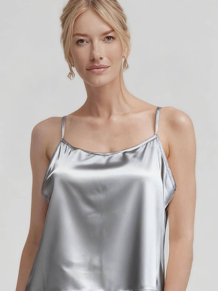 Stretch Satin Cami Top with adjustable spaghetti straps (Silver Grey) for wholesale by Ellyndale