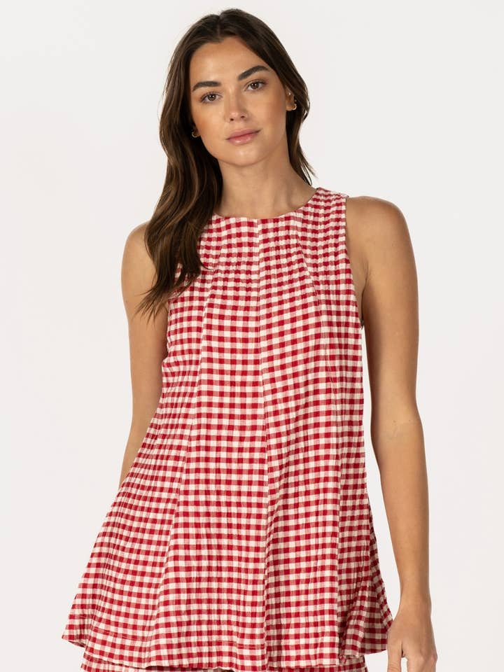 Gingham Sleeveless Babydoll Romper - Blue & Red RD304-1 for wholesale by Reminiscence