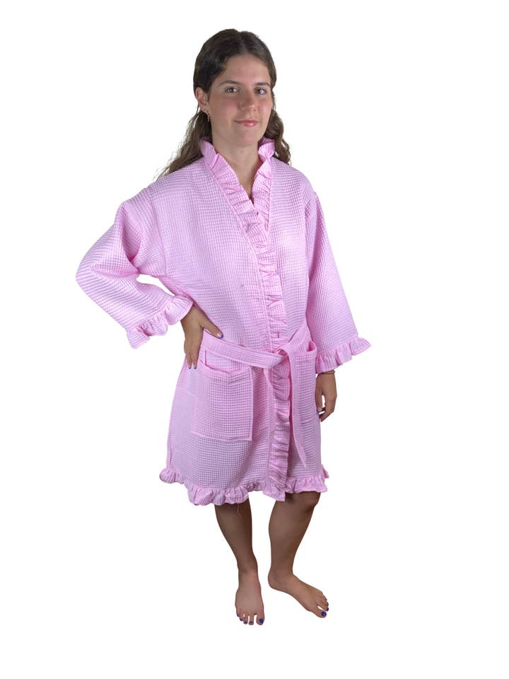 Kimono Cotton Waffle Ruffle Robe, 36" for wholesale by Alan Pendergrass Robes