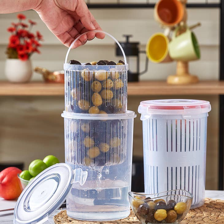 Crystalia Pickle and Olive Container with Strainer Grey Lid (BPA-Free)