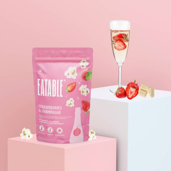 EATABLE Popcorn - Wholesale Popcorn - Strawberries & Champagne - Gourmet White Chocolate Popcorn