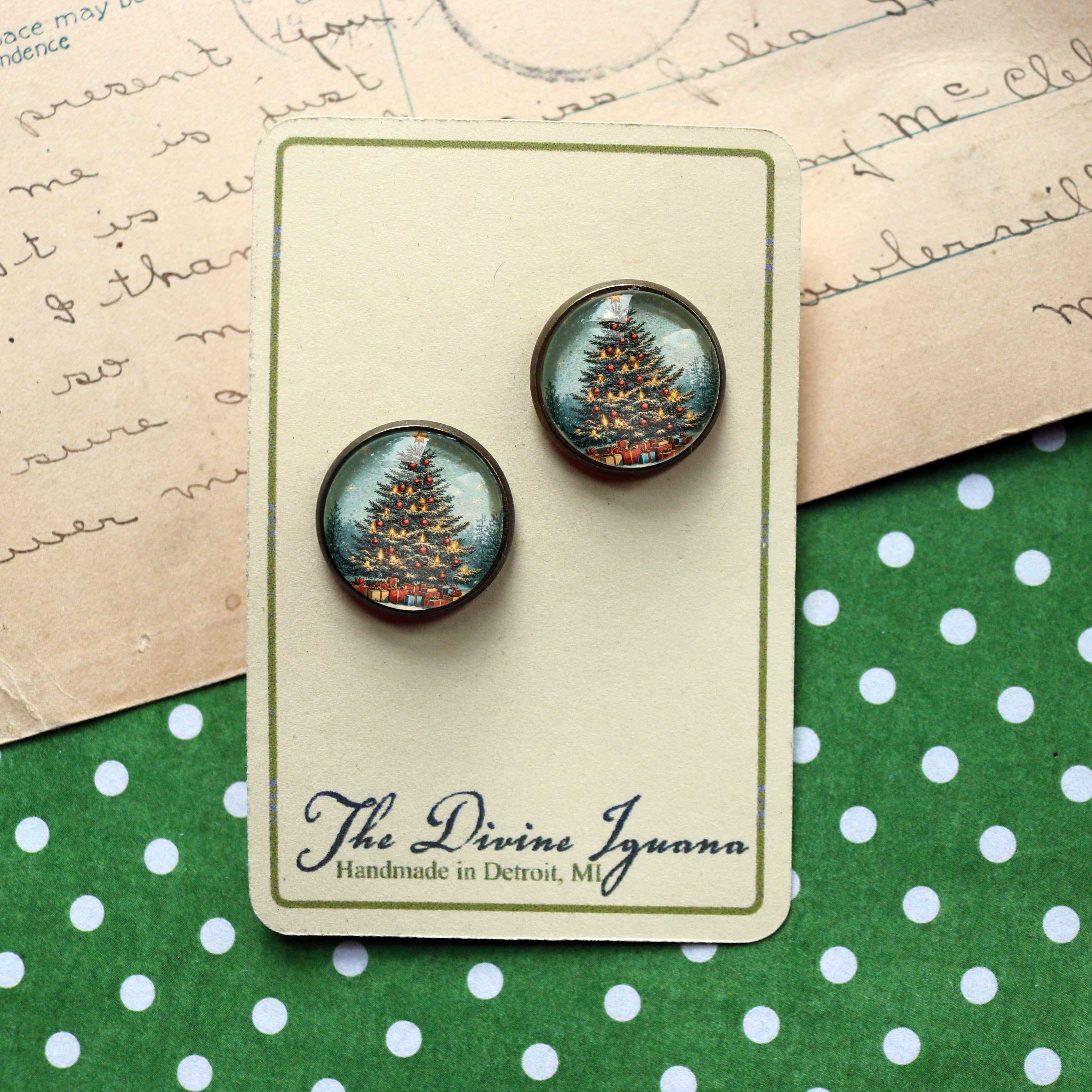 The Divine Iguana - Wholesale Stud/Post Earrings - Victorian Christmas Tree Glass and Bronze Stud Earrings2