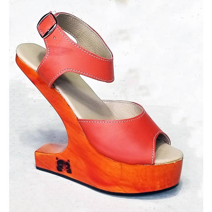 Merisier+Orange S85: Skulpterade träklackar platåskor skulpterade mules för wholesale på Faire