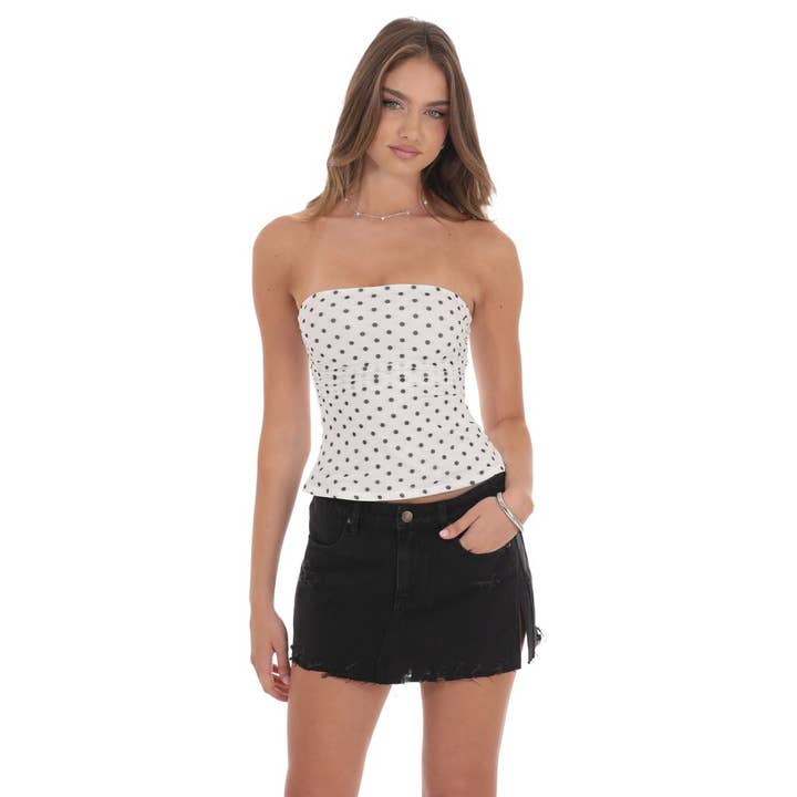 Top de tubo fruncido de malla con lunares en blanco para venta al por mayor de Lucy In The Sky