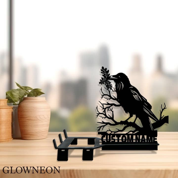 Glow Neon - Wholesale Phone/Tablet Stand - Personalized Raven on Branch Phone Stand, Crow Phone Holder