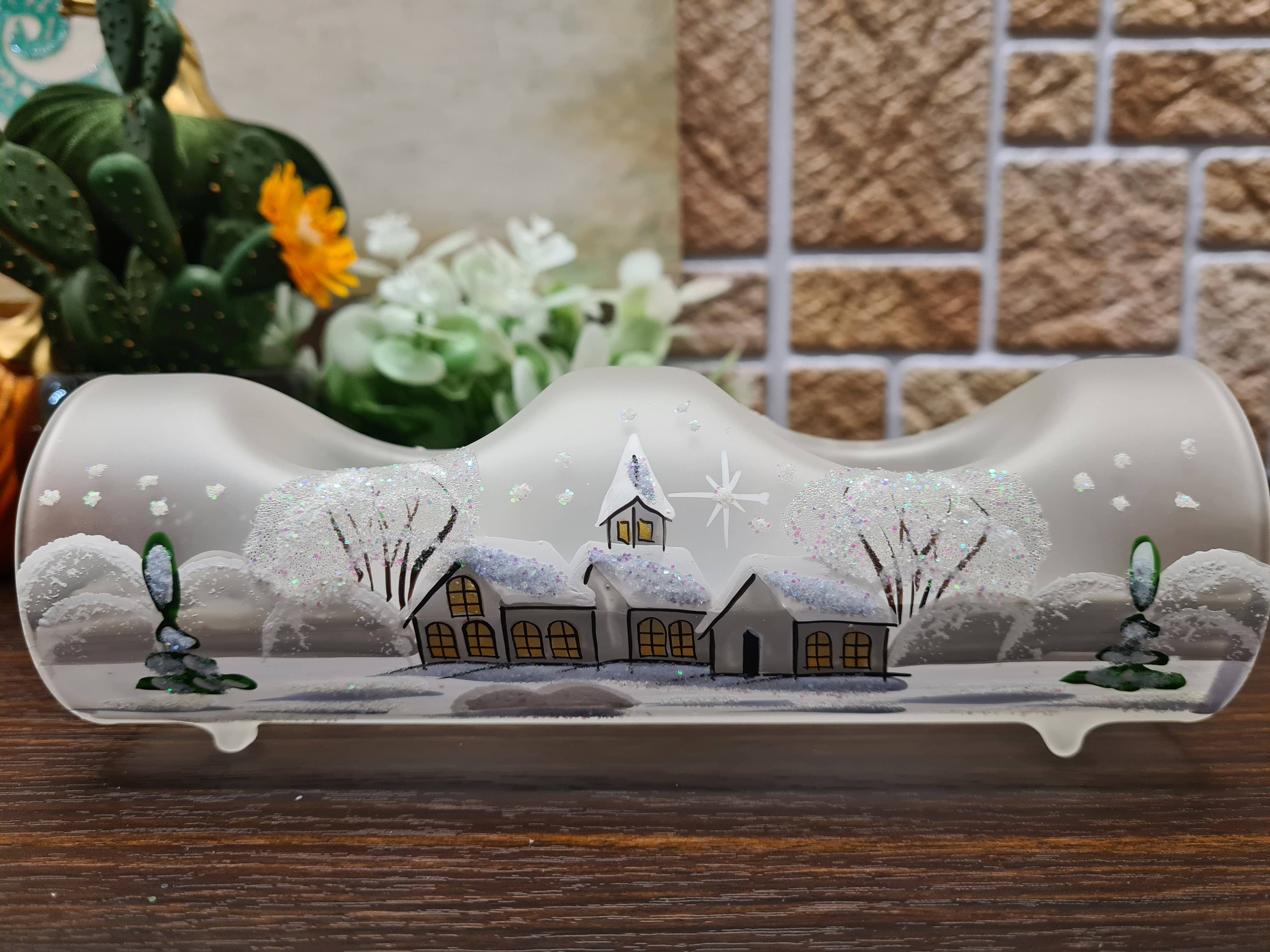 Glass by Iness - Wholesale Candle Holder - White Church In Winter Wonderland Collection - Candle Holder20