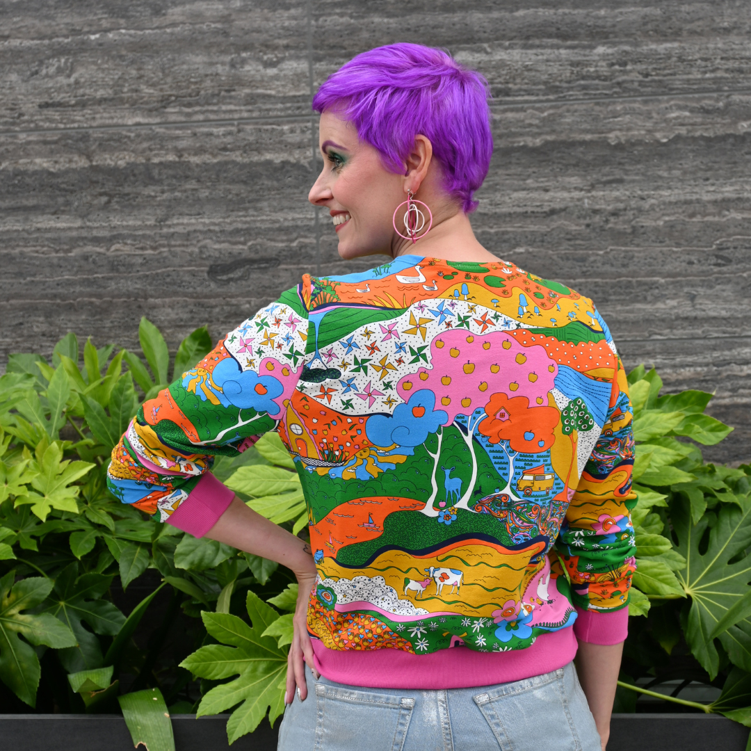 Blue Platypus - Wholesale Sweatshirt - Women's - Landscape Pullover in Rainbow w/ Fuchsia Cuffs6