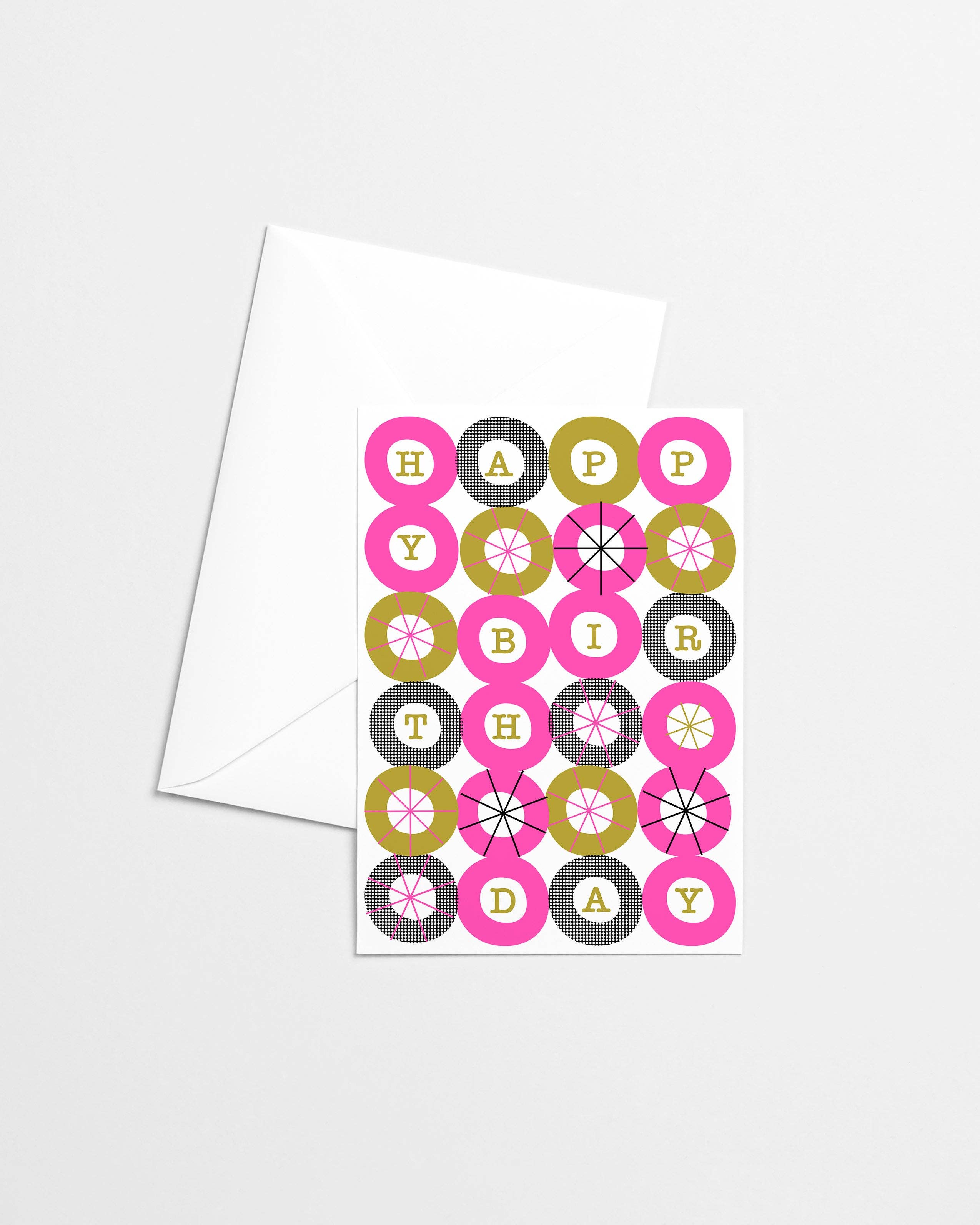 Mezzaluna Studio - Wholesale Birthday Card - Happy Birthday Pink Circles Risograph Greeting Card
