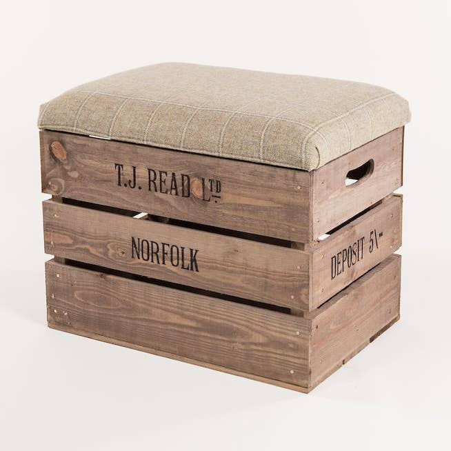 Barn owl tweed apple crate storage stool for wholesale by Tiffany Jayne