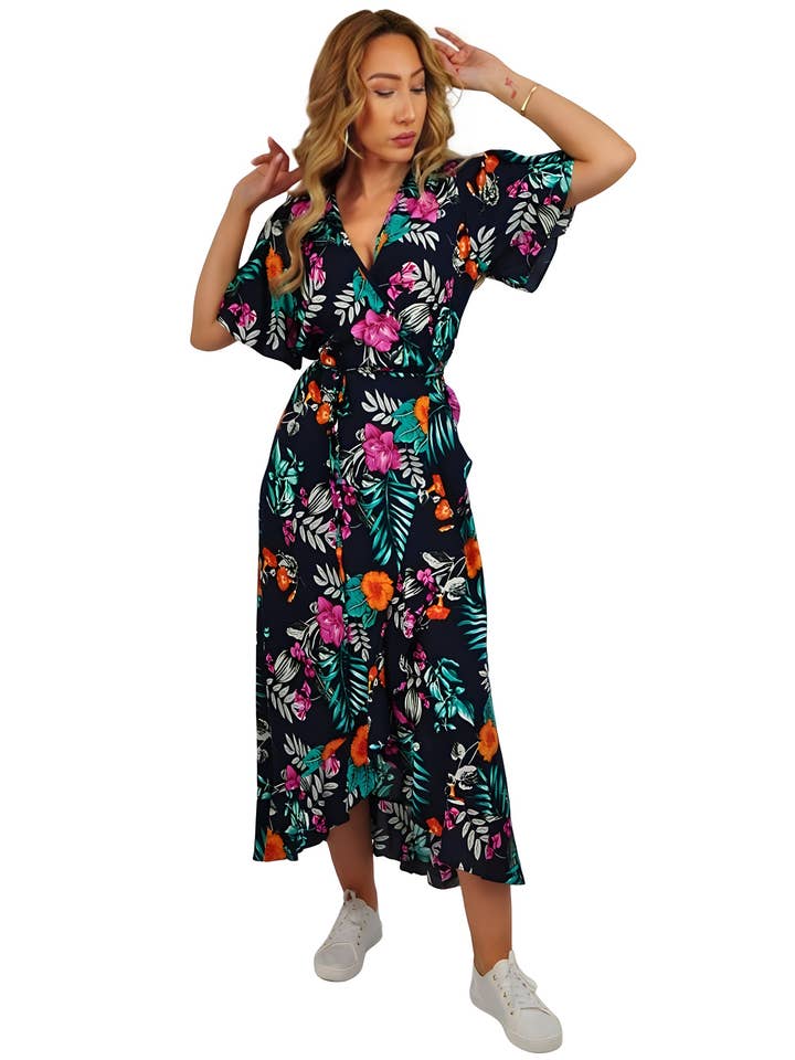 Maxi tropical floral wrap dress for wholesale by Kalimera Clothing Athens