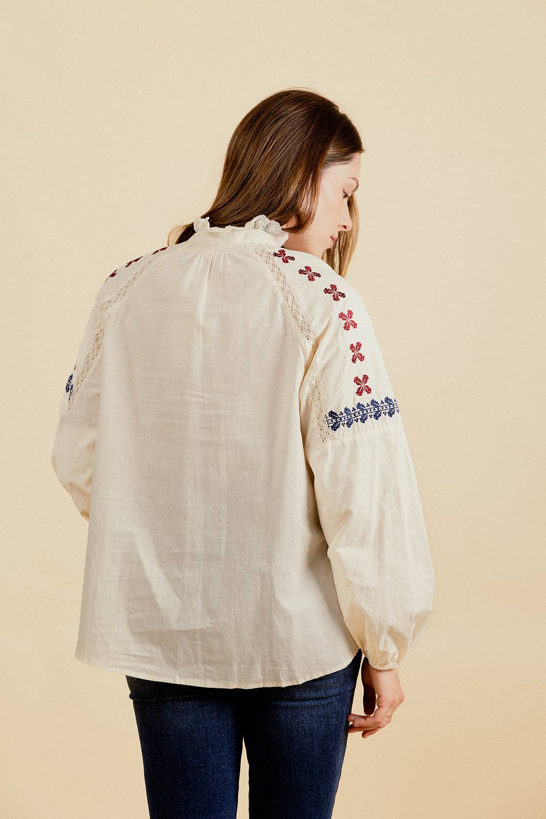 EMILIE K - Wholesale Button Down Shirt - Women's - SERVANE Blouse with embroidery and ruffled collar1