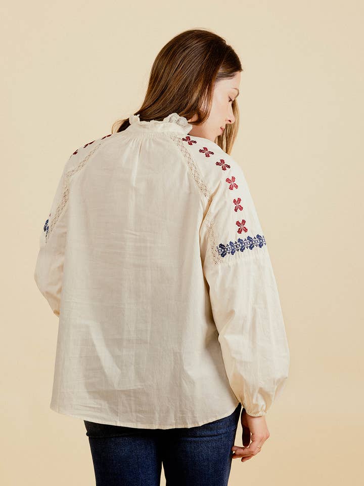 EMILIE K - Wholesale Button Down Shirt - Women's - SERVANE Blouse with embroidery and ruffled collar1