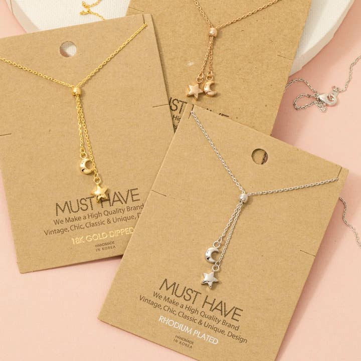 Fame Accessories - Wholesale Pendant/Charm Necklace - Gold Dipped Mini Moon And Star Lariat Y Necklace