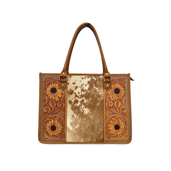 Cowhide Sunflower Tooling Leather Big Bag - AB85 and other Purchase Wholesale cowhide bags. Free Returns & Net 60 Terms on Faire trending on Faire.