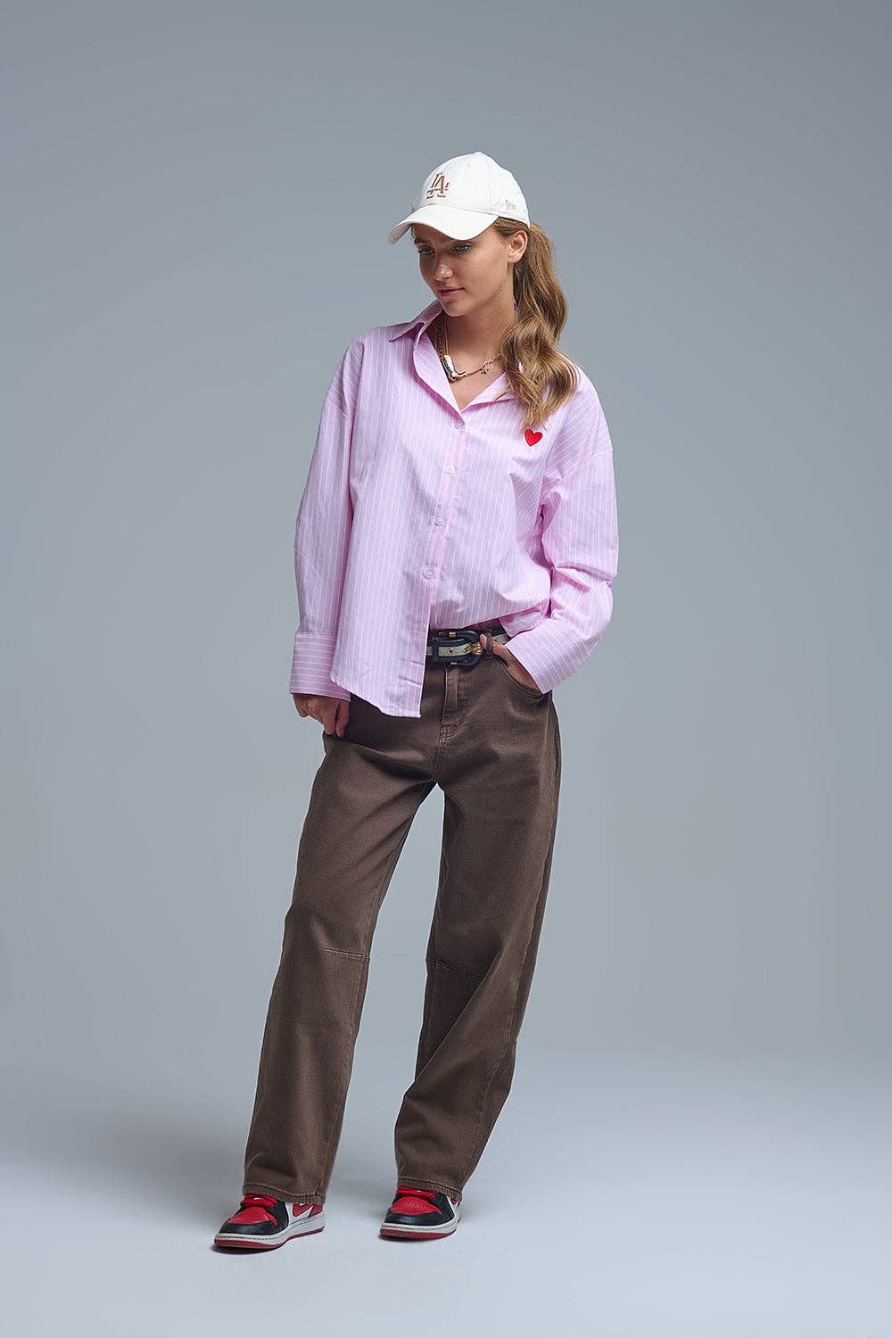 Pink Striped shirt with red heart embroidery for wholesale on Faire4