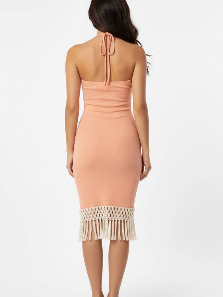 CAPELLA APPAREL - Venta al por mayor Vestido - Mujer - Vestido midi con flecos y cuello halter acanalado5