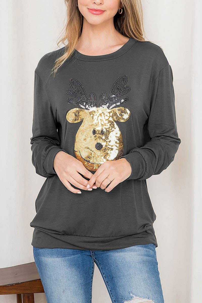 ROUSSEAU - Wholesale Tunic - Women's - SEQUIN MOOSE PRINT LONG SLEEVE TOP3