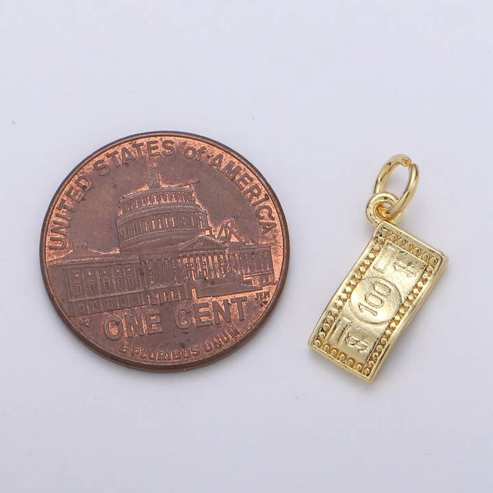 Aim Eternal - Wholesale Individual Charm/Pendant - 24K Gold Filled dollar Paper Money "$100" Charm E-0631