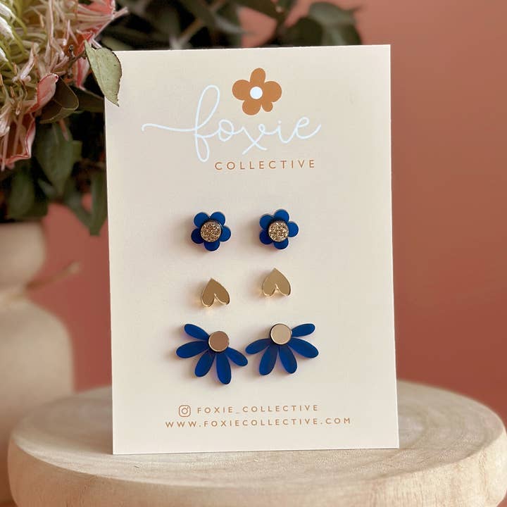 Foxie Collective - Vendita all'ingrosso Parure di gioielli - STUD PACK TRIO | Zaffiro satinato+oro | VENDITA ALL'INGROSSO0