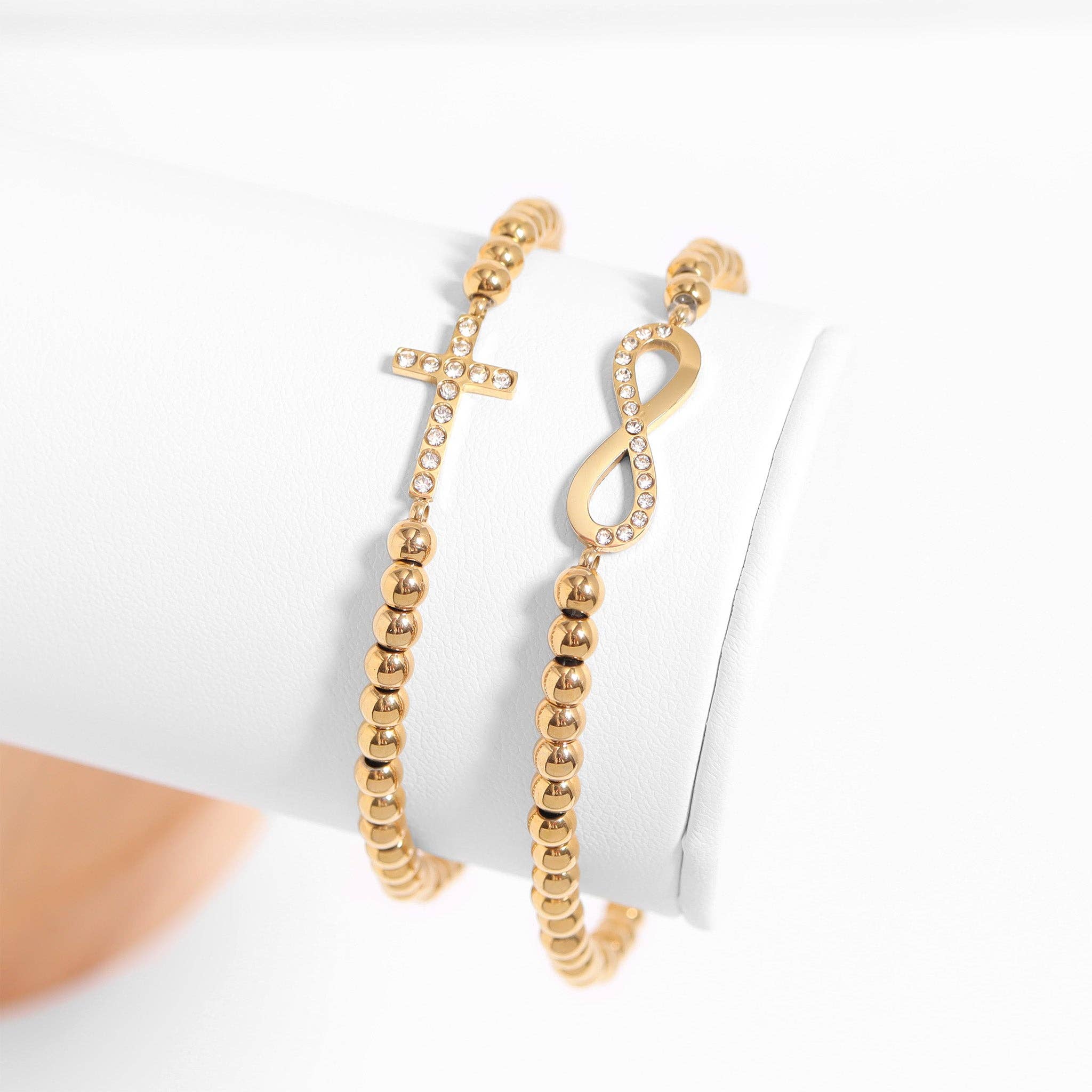 WJW - Wholesale Charm/Dangle Bracelet - 18K Gold PVD CZ Cross Beaded Stretch Bracelet2