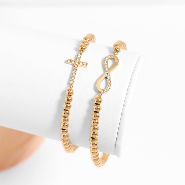 WJW - Wholesale Charm/Dangle Bracelet - 18K Gold PVD CZ Cross Beaded Stretch Bracelet2