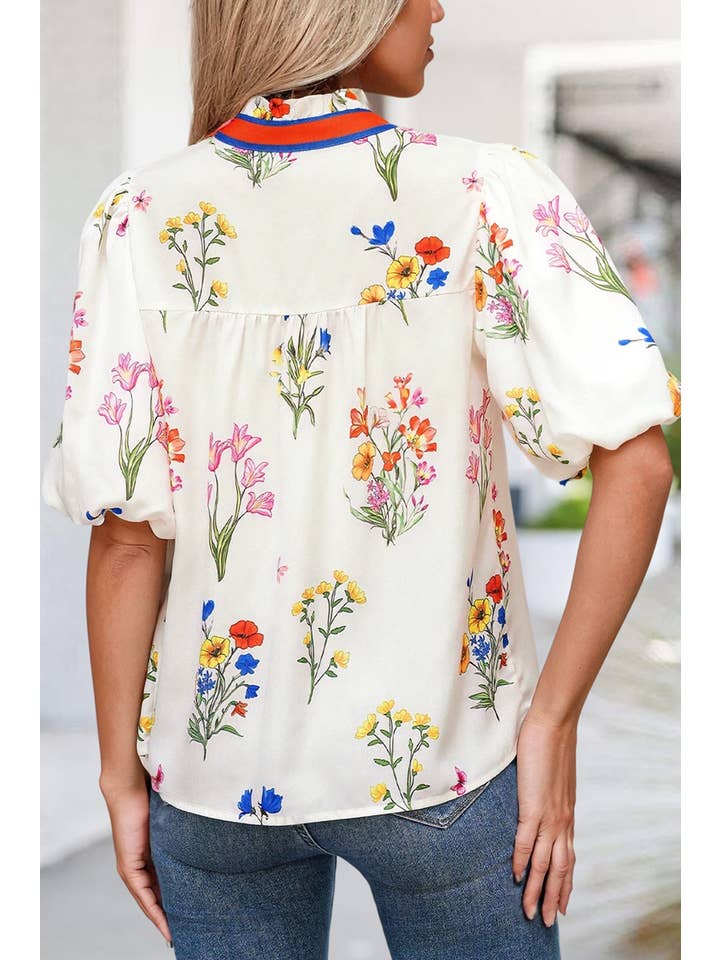 As shown Boho Floral Print V Neck Shift Blouse | S-XL for wholesale on Faire