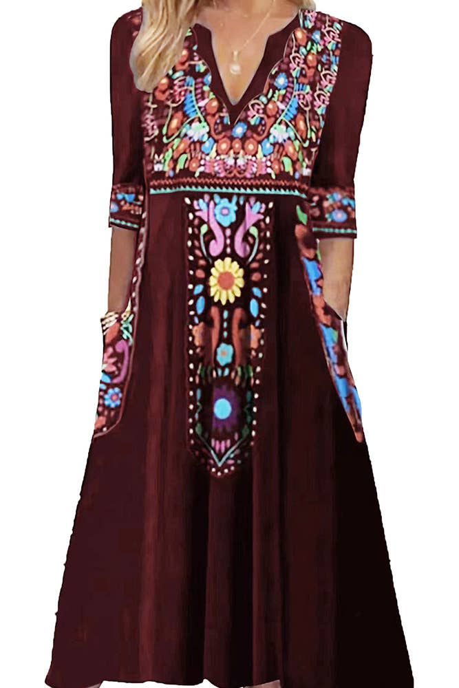 UNISHE - Wholesale Dress - Women's - Summer Boho Floral Print V Neck Maxi Dress ZK14623