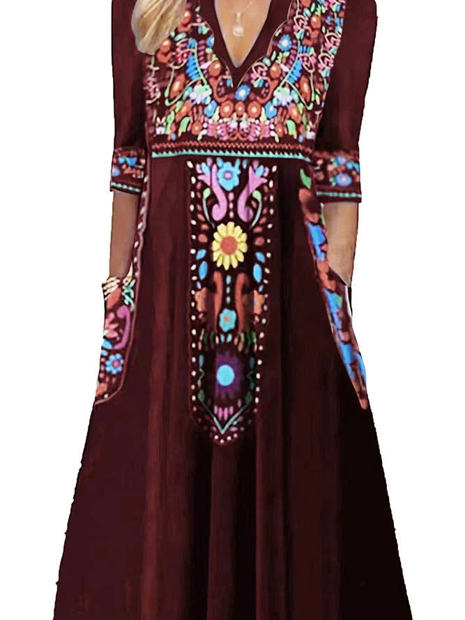 UNISHE - Wholesale Dress - Women's - Summer Boho Floral Print V Neck Maxi Dress ZK14623