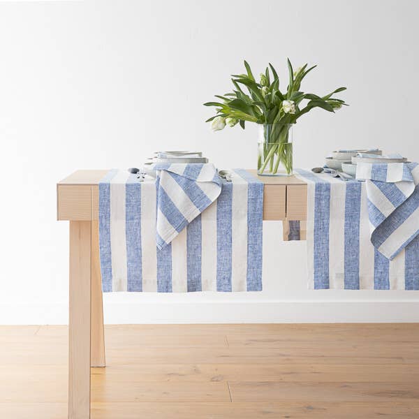 LinenMe - Wholesale Dinner & Cloth Napkin - Linen Napkin Off White Blue Philippe, Striped Washed Linen8