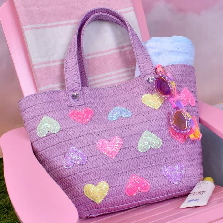OMG Accessories - Wholesale Tote Bag - Kids - Heart-Patched Purple Straw Tote Bag2
