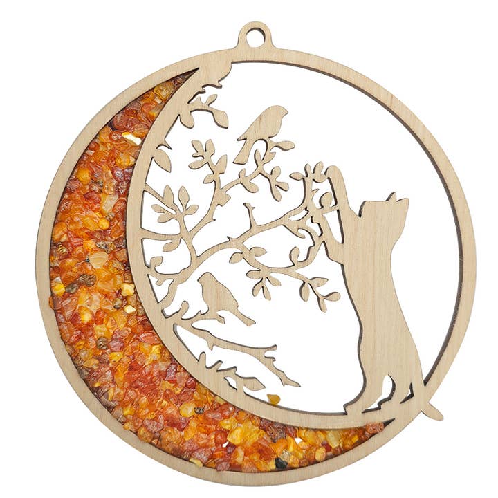 Attrape-soleil/aimant pour chat en ambre et bois 11 cm pour la vente par Amberman