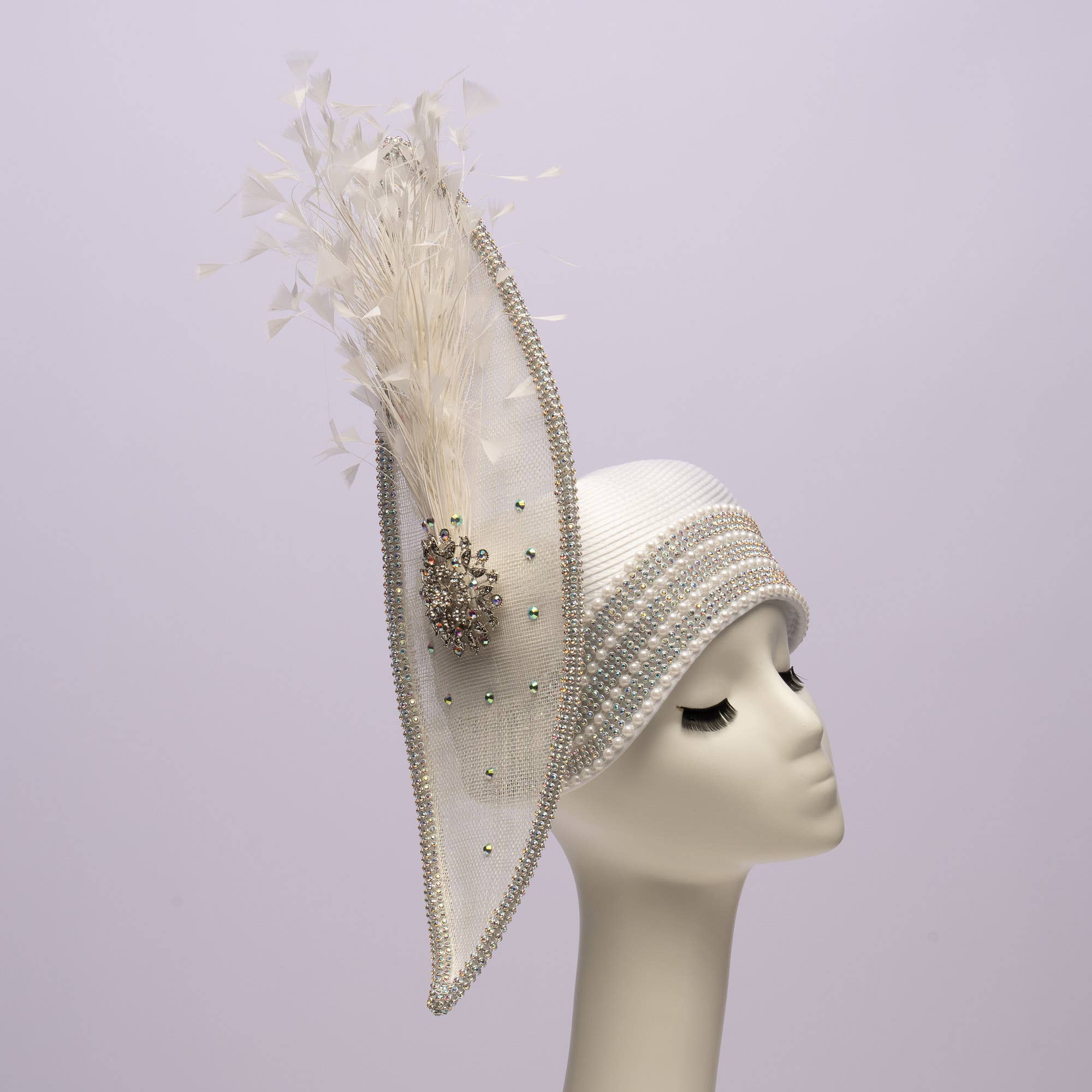 KaKyCo - Wholesale Fascinator Hat - Women's - Stone bending satin cloche with brooch and feather | AJ779Y5