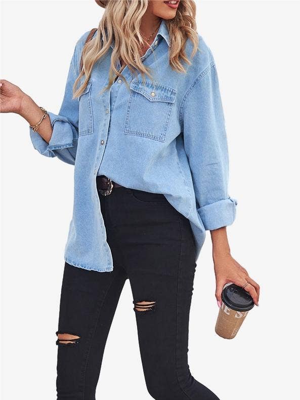 Light Blue Long Sleeve Button Down Denim Shirt for wholesale on Faire0