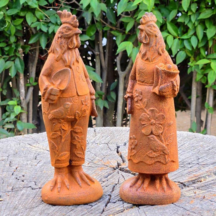 Cast Iron Rooster & Hen Couple Statues for wholesale by Artisan Metal Art INC