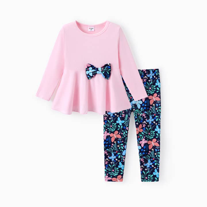 Girl Pink Bow Top & Floral Leggings Set for wholesale by PatPat