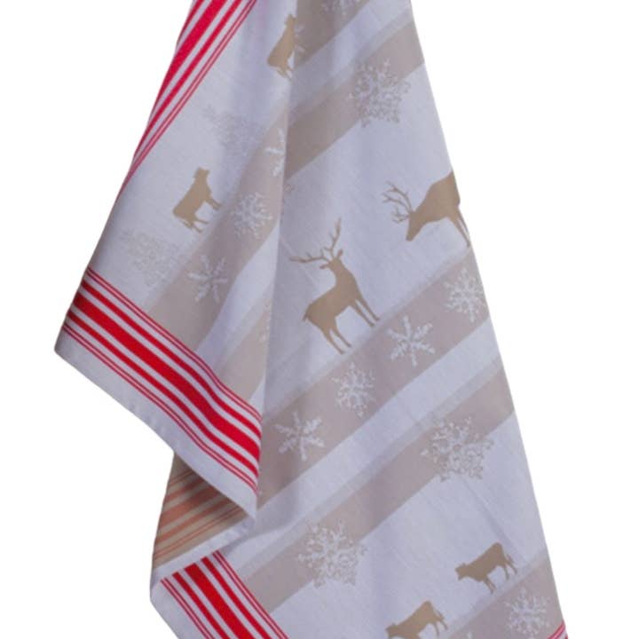 Mierco European Linens - Wholesale Tea Towel - European Red-Taupe Jacquard Tea Towel - Reindeers/Snowflakes